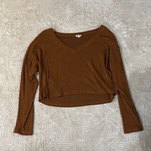Garage Women's Brown V-Neck Ribbed Top